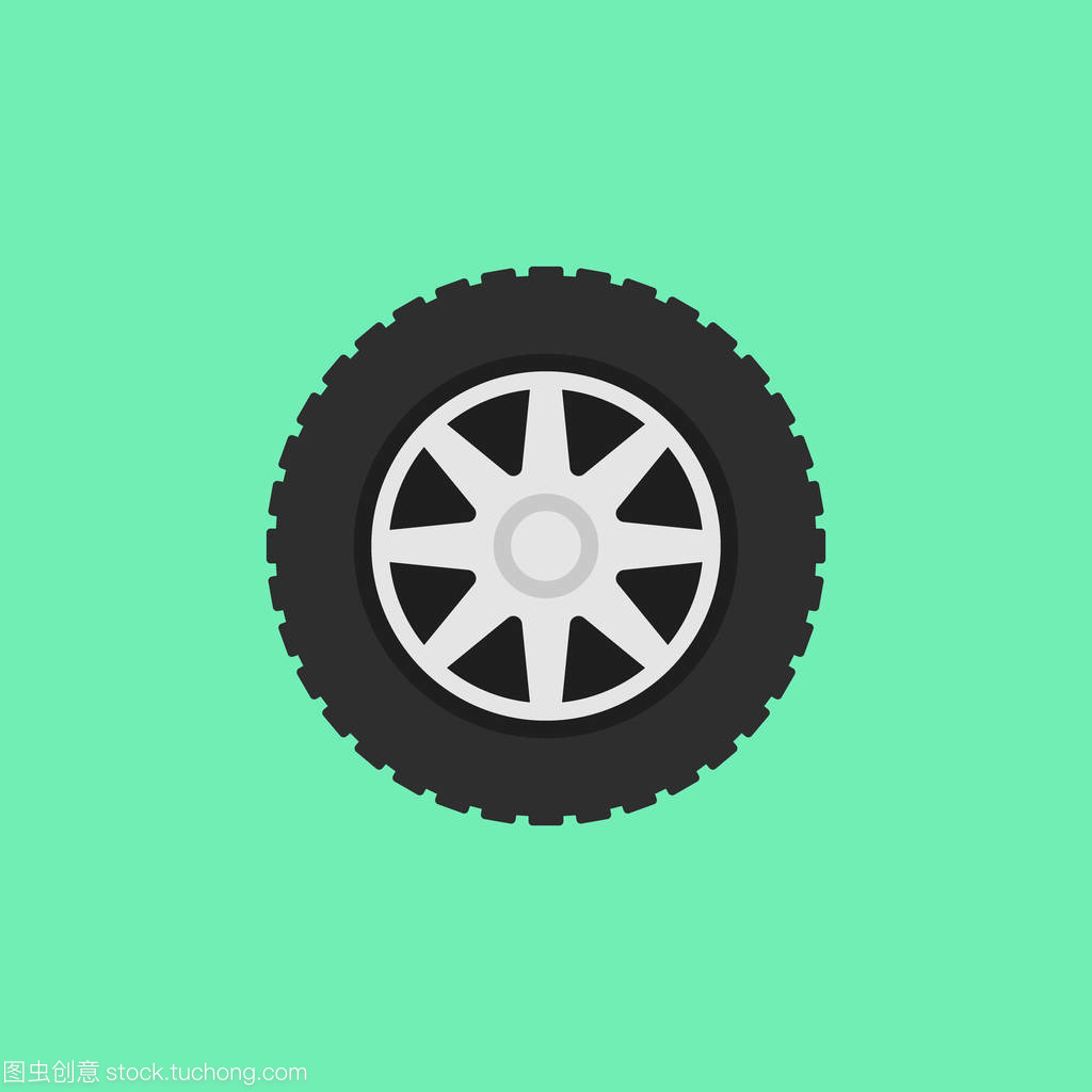 带轮胎矢量图标的汽车平轮绿色背景