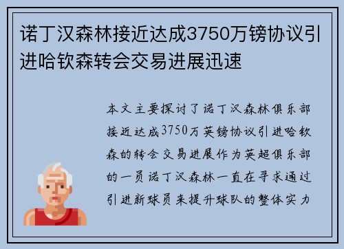 诺丁汉森林接近达成3750万镑协议引进哈钦森转会交易进展迅速