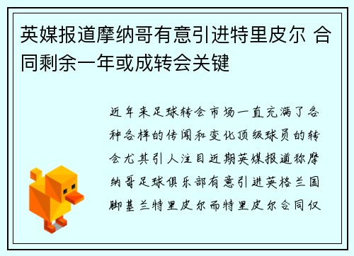 英媒报道摩纳哥有意引进特里皮尔 合同剩余一年或成转会关键