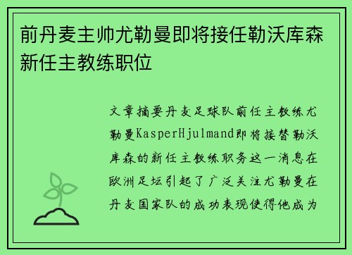前丹麦主帅尤勒曼即将接任勒沃库森新任主教练职位